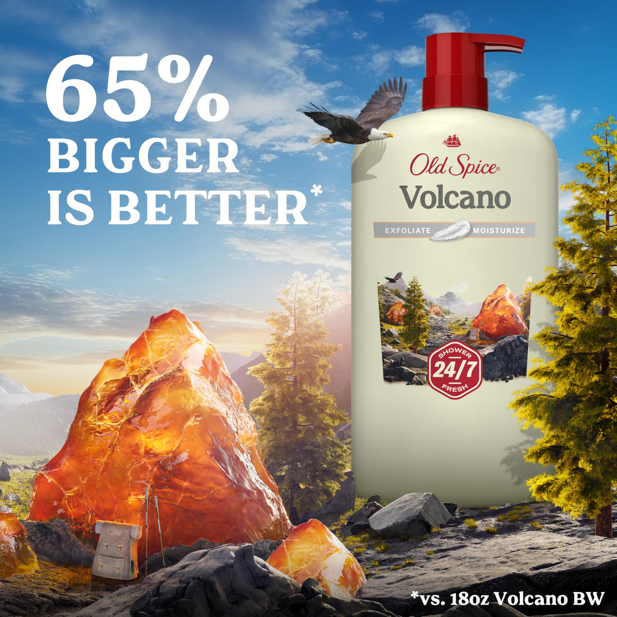 Old Spice Volcano next to bar soap showing product scale and value in 30 oz