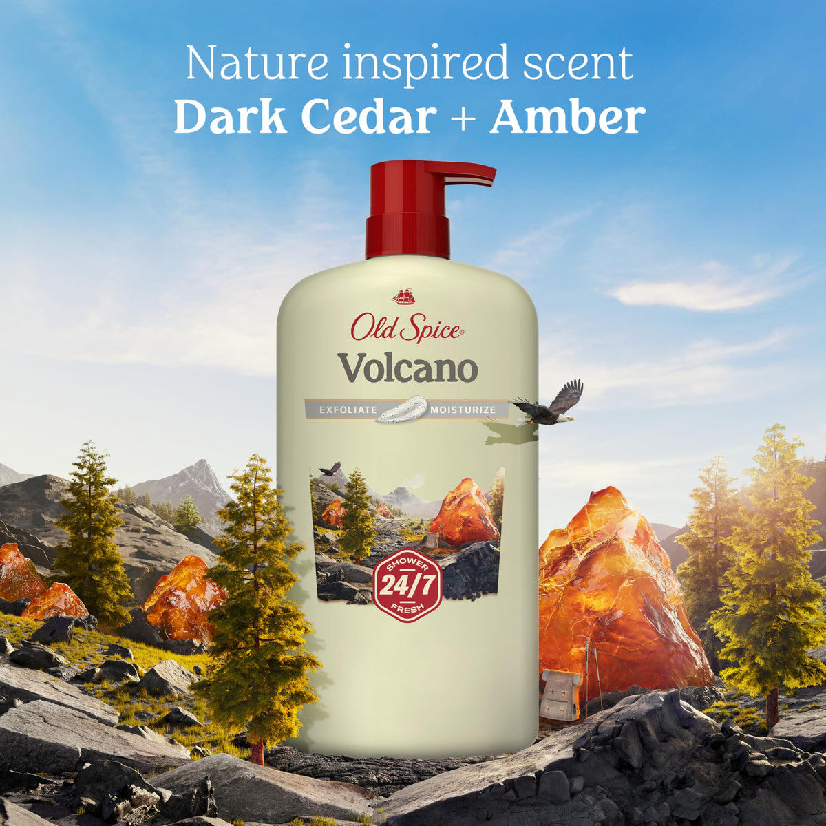 Old Spice Volcano scent notes with cedar wood and amber accents highlighting fragrance