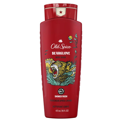 Old Spice Wild Bearglove front packaging showing red bottle and label, confident scent