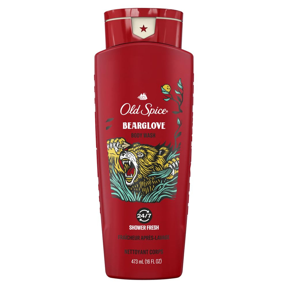 Old Spice Wild Bearglove front packaging showing red bottle and label, confident scent