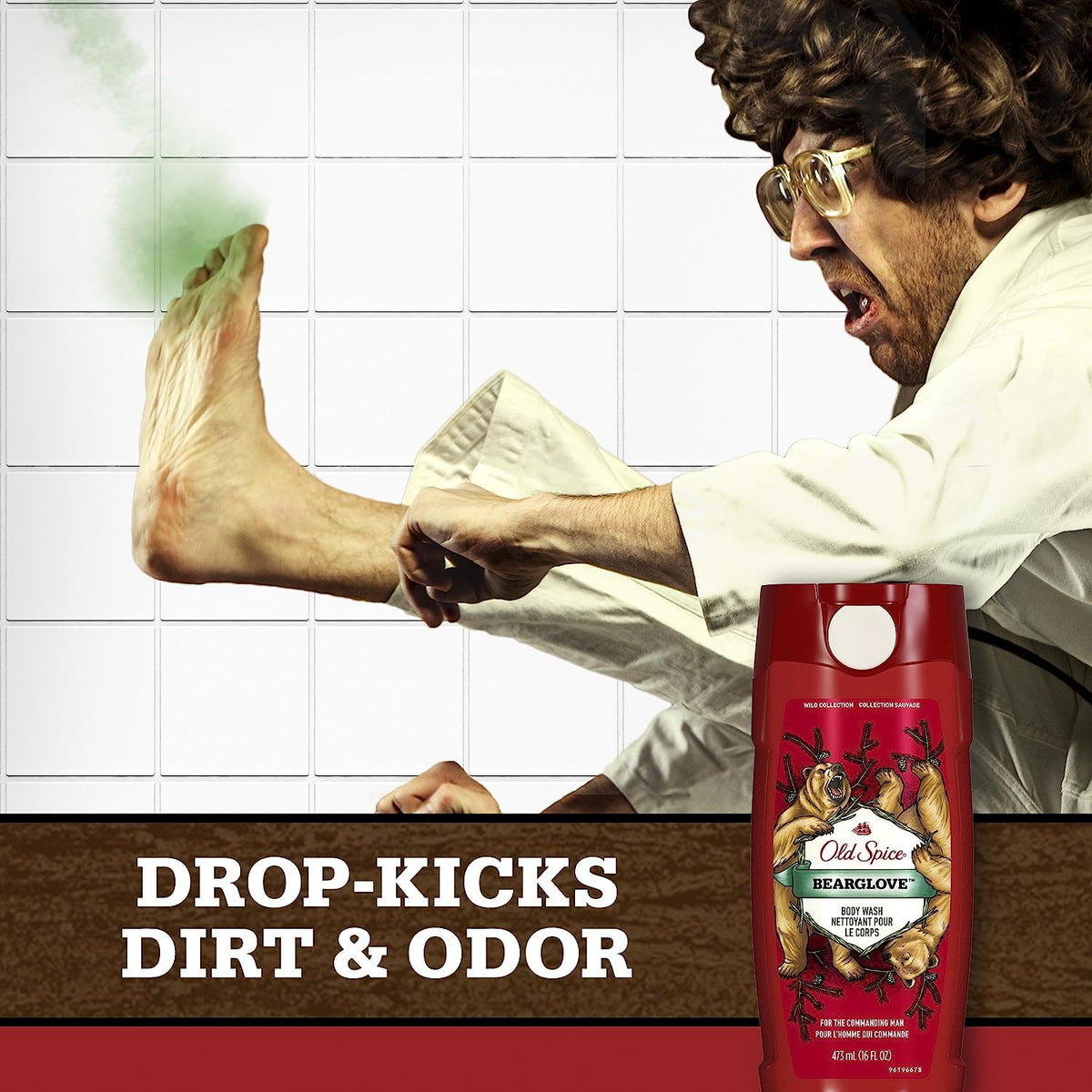 Old Spice Wild Bearglove 16 oz bottle next to common items to show true size