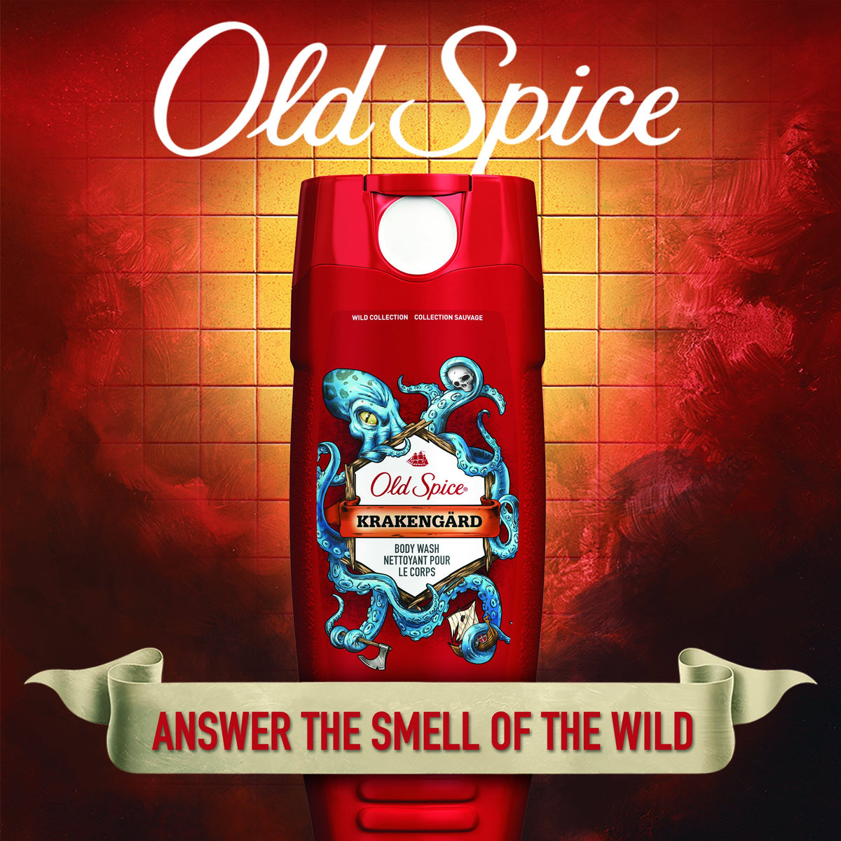 Old Spice Wild bottle in shower environment illustrating in‑use freshness and quick rinse benefit