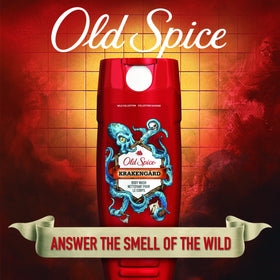 Old Spice Wild bottle in shower environment illustrating in‑use freshness and quick rinse benefit
