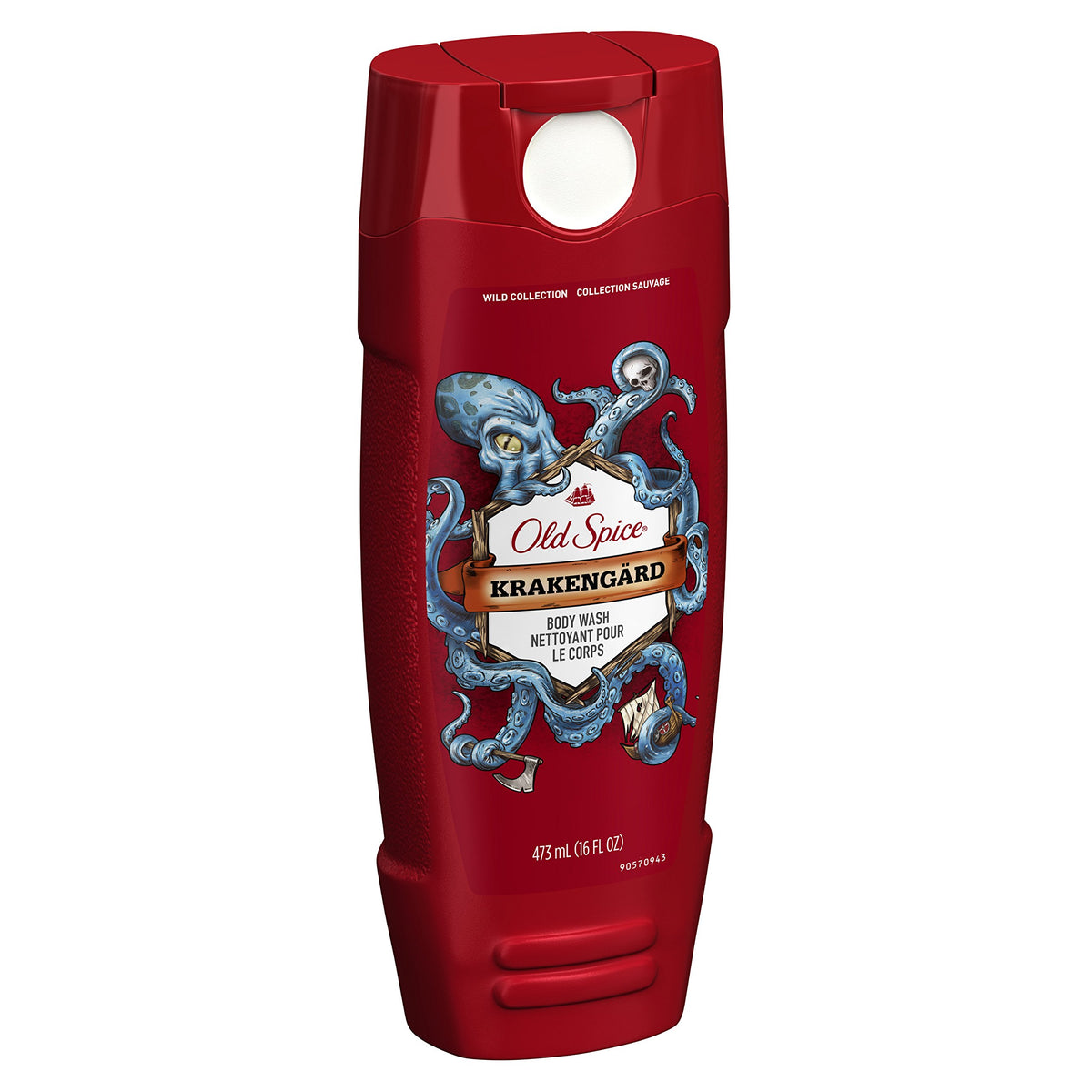 Old Spice Wild bottle next to a hand showing scale and generous 16 fl oz volume benefit