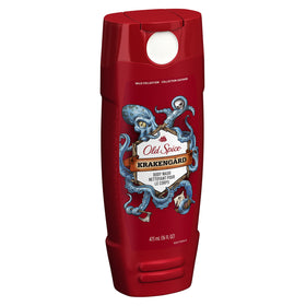 Old Spice Wild bottle next to a hand showing scale and generous 16 fl oz volume benefit