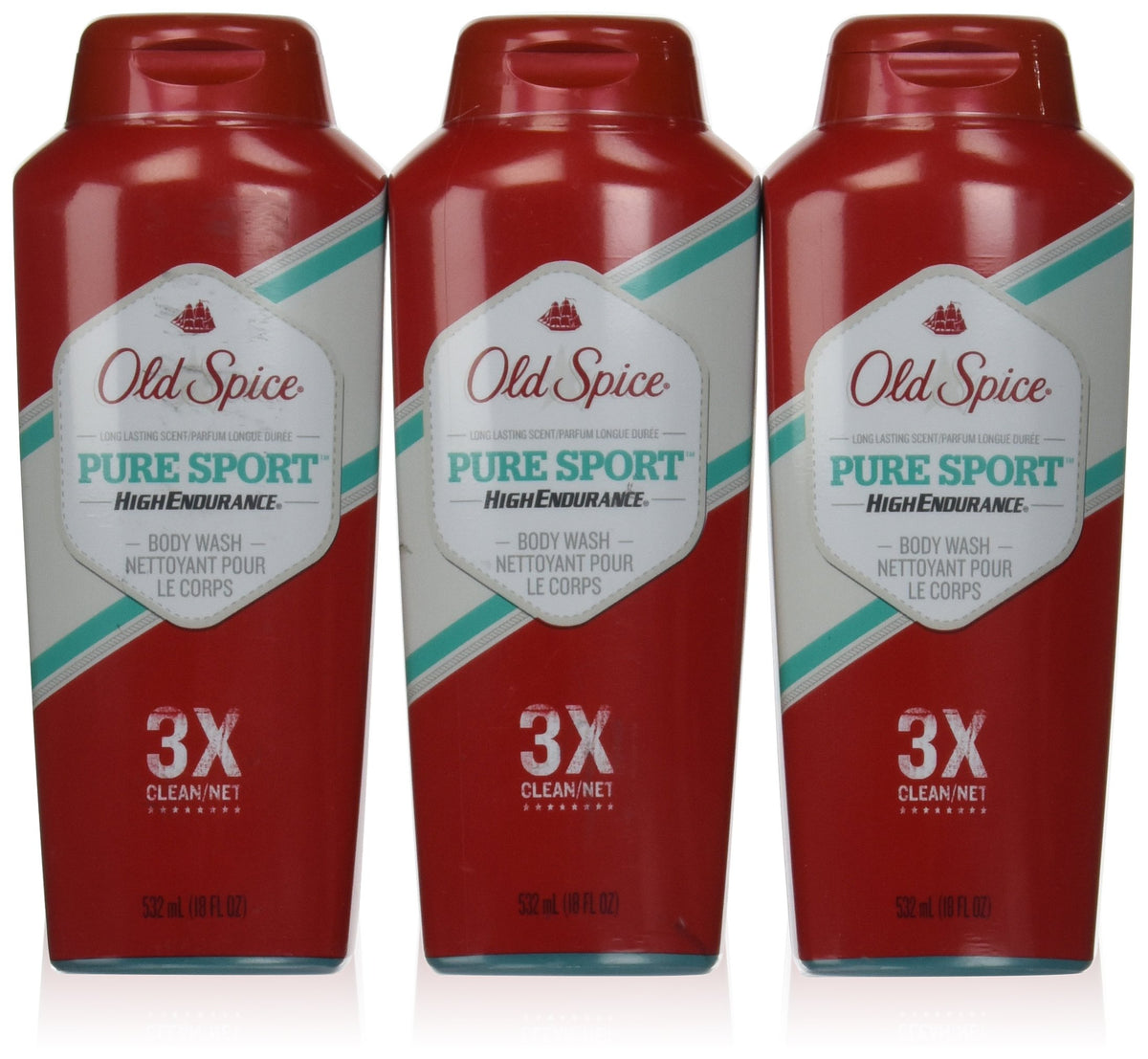 Old Spice front packaging showing three 18oz bottles and clear labeling for easy grab