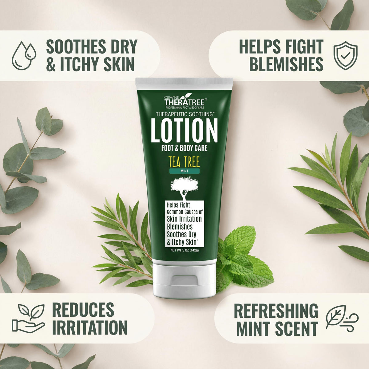 Oleavine TheraTree applied to foot showing cooling menthol relief and softened skin