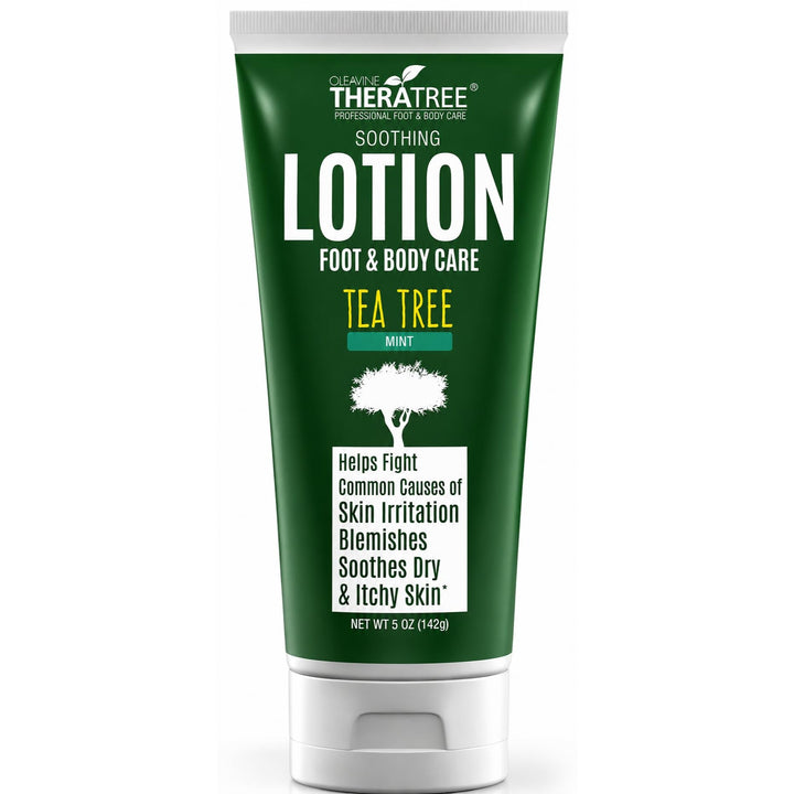 Oleavine TheraTree front packaging showing tube and branding, highlights soothing lotion benefit