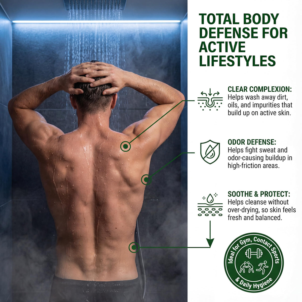 Oleavine bottle in shower scene with water droplets, conveying refreshing post-workout cleanse