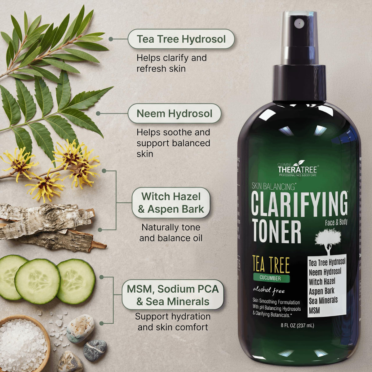 Oleavine toner in use on face providing clarifying and soothing help