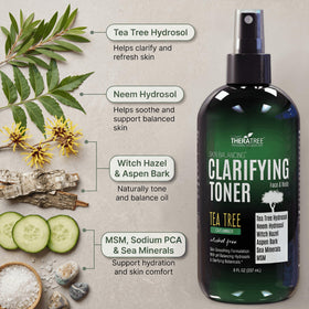 Oleavine toner in use on face providing clarifying and soothing help