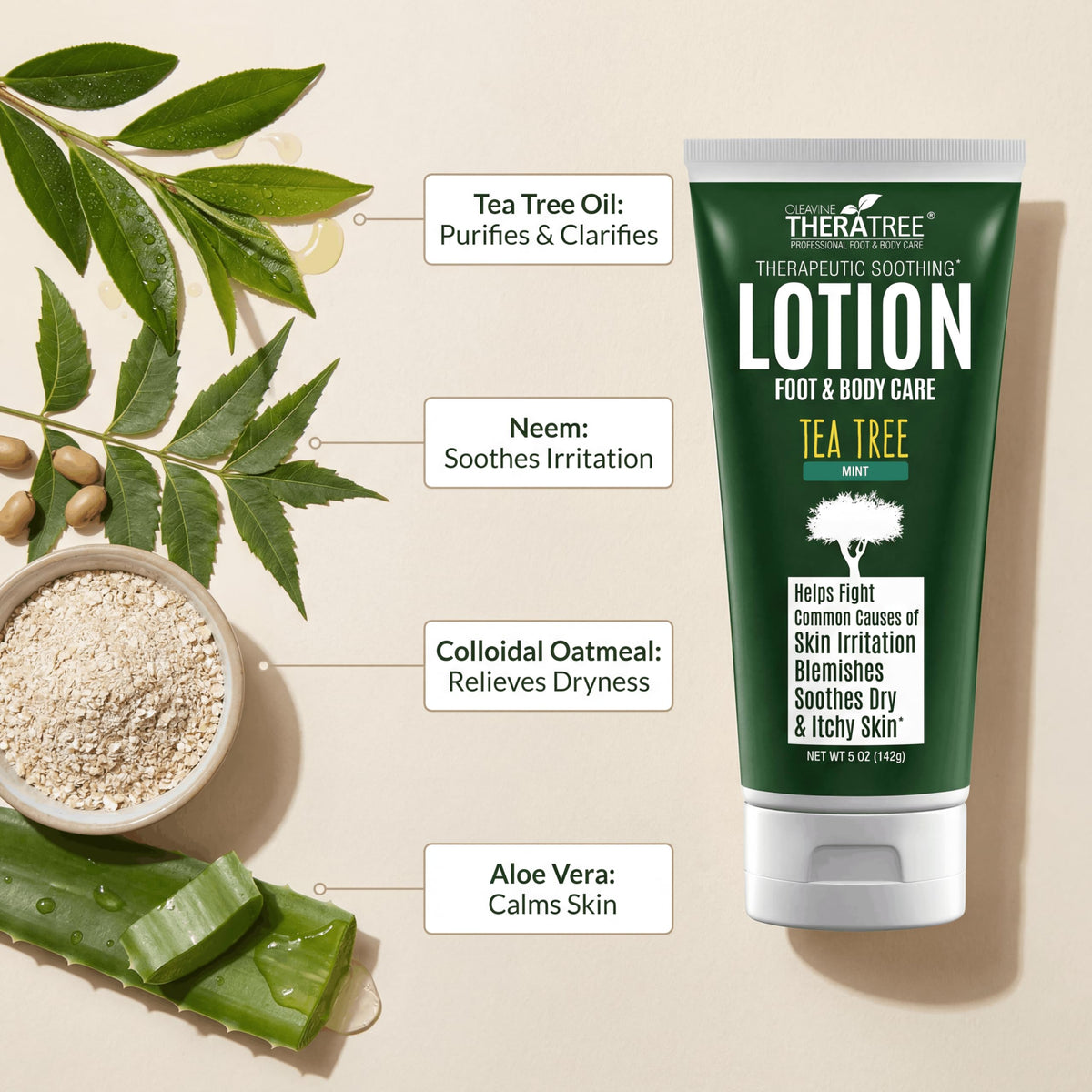 Oleavine TheraTree ingredients label highlighting tea tree, neem, aloe and botanical blend