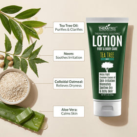 Oleavine TheraTree ingredients label highlighting tea tree, neem, aloe and botanical blend