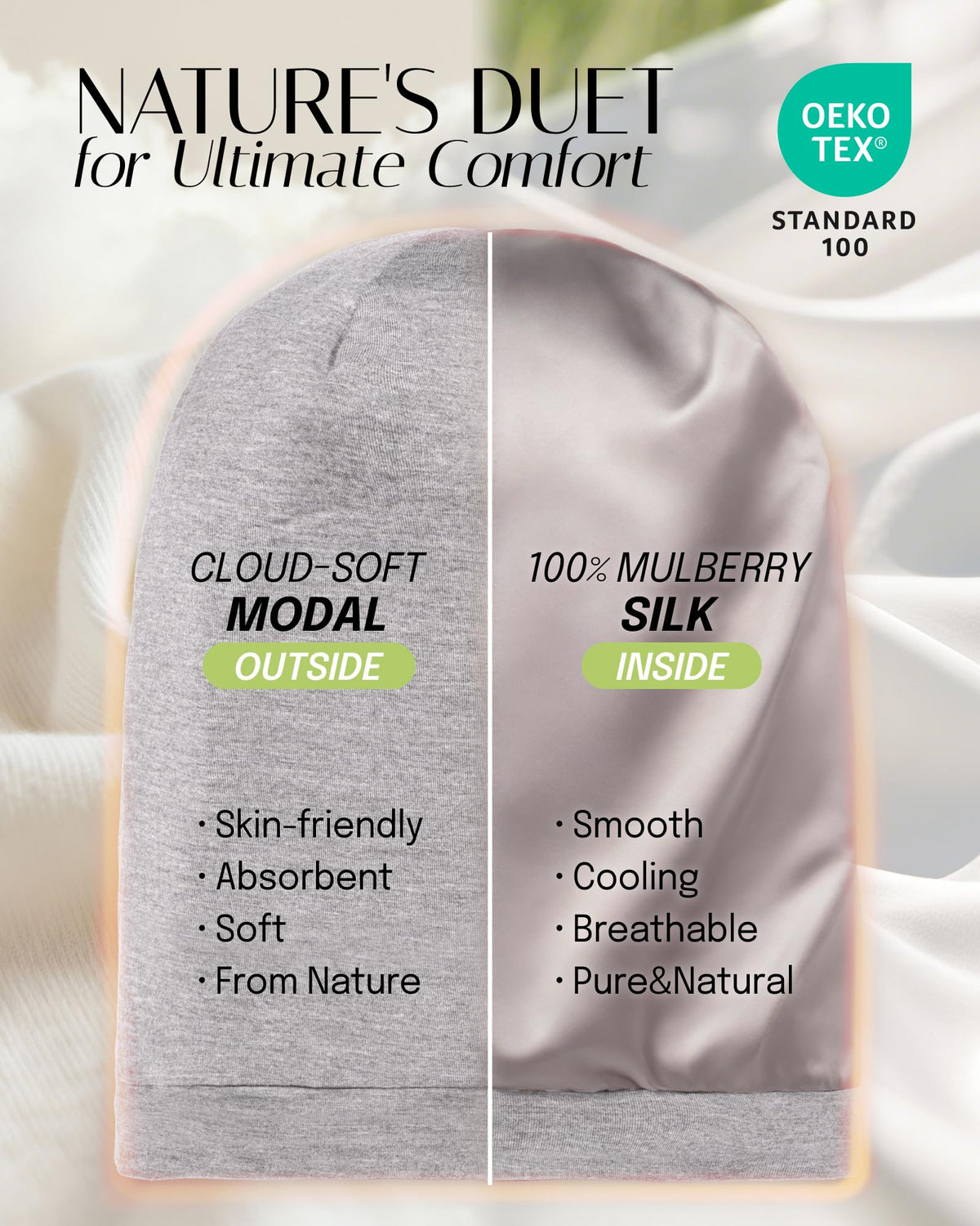 OLESILK close-up of mulberry silk lining demonstrating gentle protection for hair