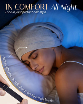 OLESILK bonnet worn by woman in bedroom keeping styled hair frizz-free overnight