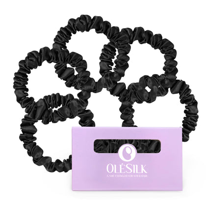 OLESILK front packaging showing black silk scrunchies and gift box benefit elegant gifting