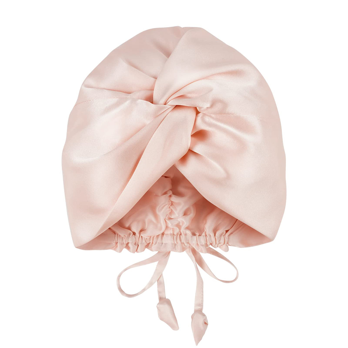 OLESILK front view of pink silk bonnet showing fit and finish for protective sleep