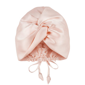 OLESILK front view of pink silk bonnet showing fit and finish for protective sleep