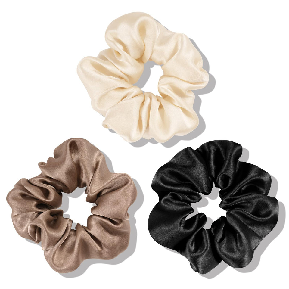 OLESILK front packaging displaying three silk scrunchies and colors, elegant gift-ready