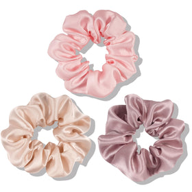 OLESILK scrunchie front packaging showing three silk hair ties and benefits