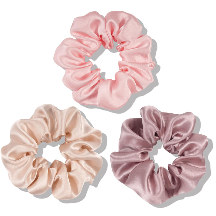OLESILK scrunchie front packaging showing three silk hair ties and benefits
