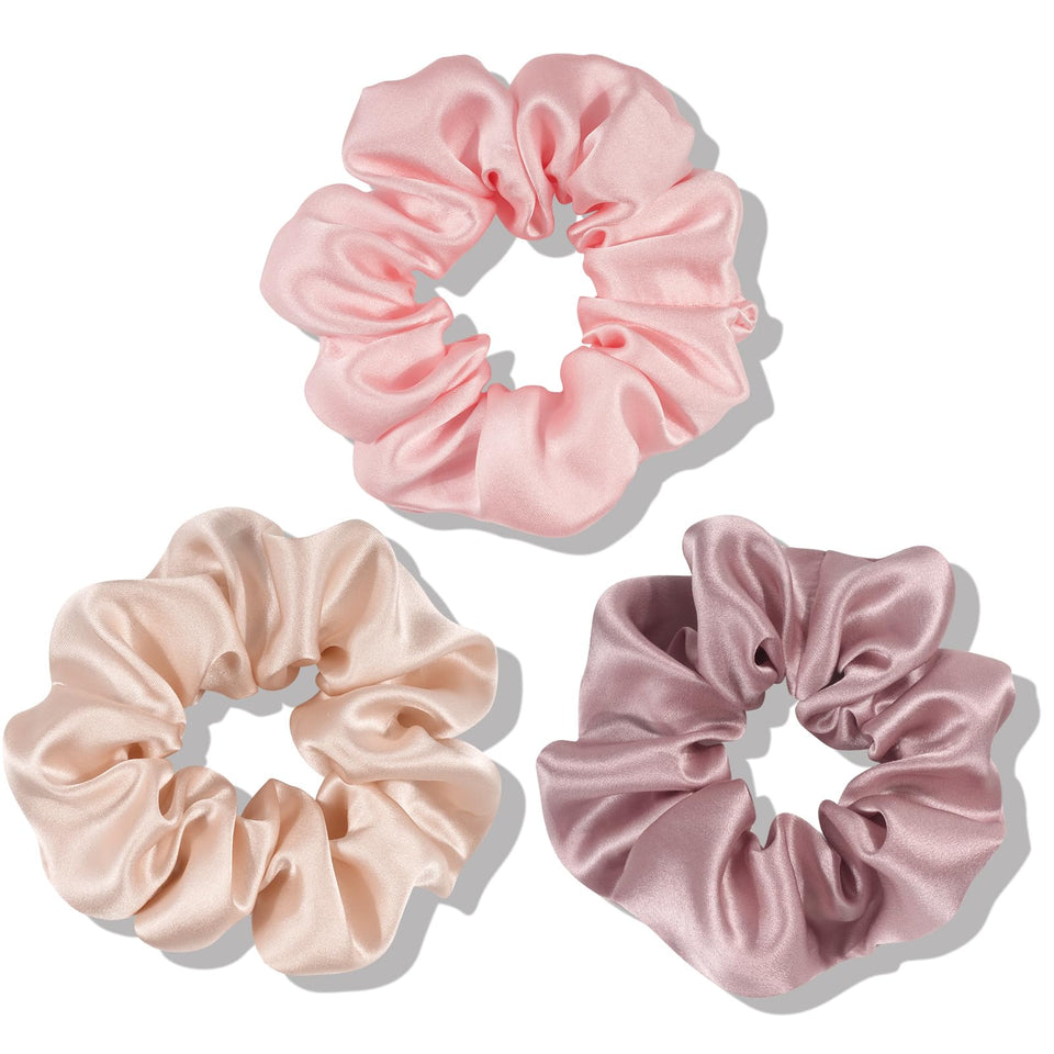 OLESILK scrunchie front packaging showing three silk hair ties and benefits