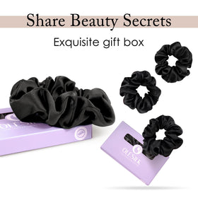 OLESILK gift-ready packaging showing three silk scrunchies as a presentable gift