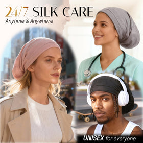 OLESILK bonnet on a pillow in a bedroom setting promoting overnight care