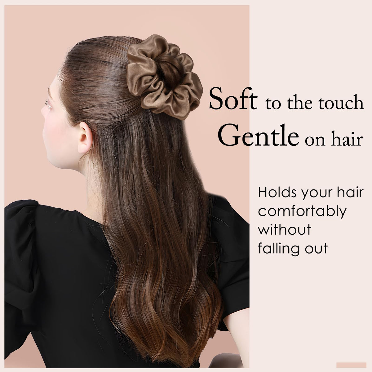 OLESILK scrunchie worn on hand to show stretch and comfortable grip for gentle styling