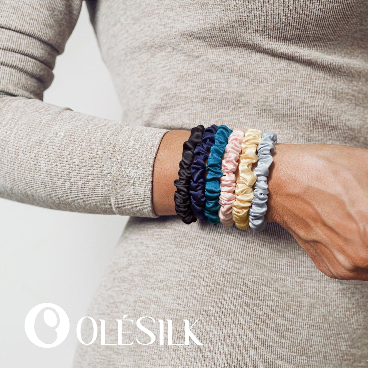 OLESILK scrunchie worn on wrist as bracelet offering convenience and style benefit