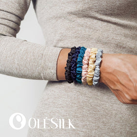 OLESILK scrunchie worn on wrist as bracelet offering convenience and style benefit