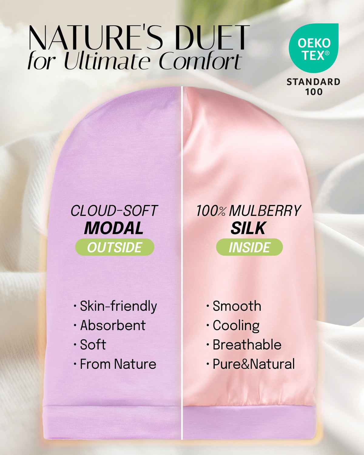 OLESILK close-up of mulberry silk lining offering smooth frictionless care