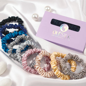 OLESILK scrunchie beside ruler size comparison showing skinny profile and low bulk benefit