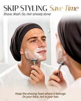 OLESILK model sleeping wearing bonnet to prevent frizz and preserve style