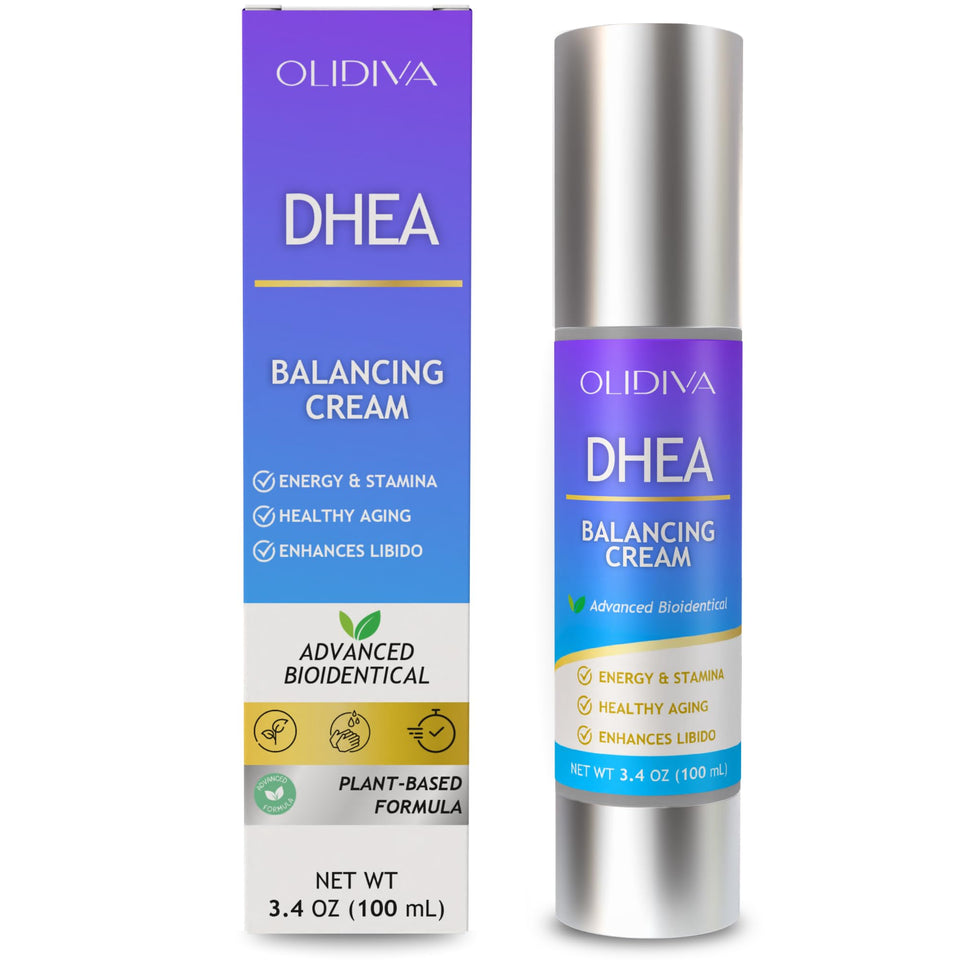 Olidiva DHEA cream front packaging showing bottle and branding for easy identification and confidence