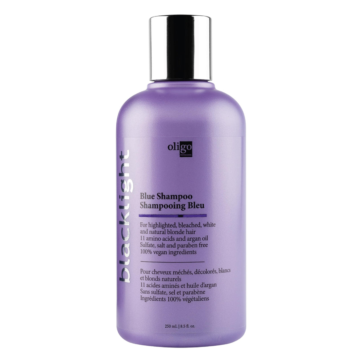 Oligo Professionnel front bottle showing branding and blue shampoo benefits