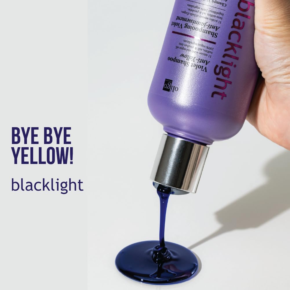 Oligo Professionnel violet shampoo texture poured from bottle showing creamy consistency and rich pigment