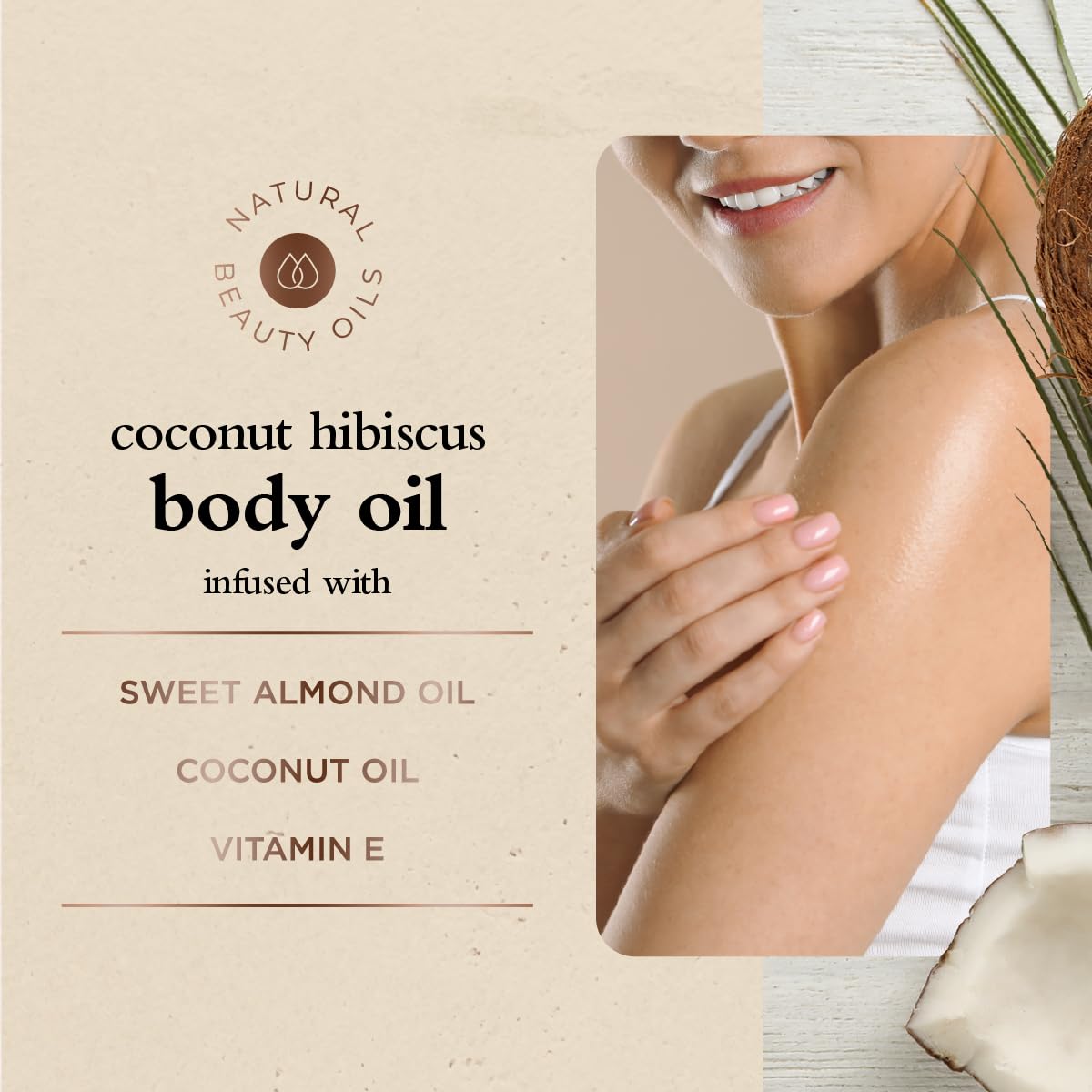 Oliology bottle staged in spa setting conveying calming coconut hibiscus scent and relaxing self-care benefit