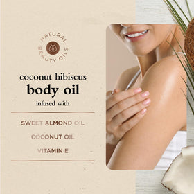 Oliology bottle staged in spa setting conveying calming coconut hibiscus scent and relaxing self-care benefit