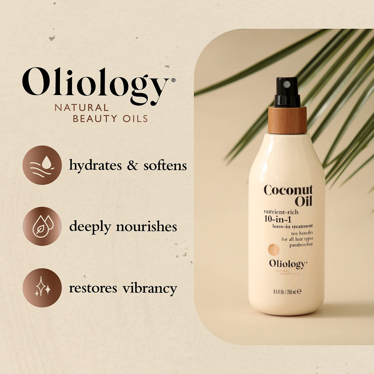 Oliology coconut oil spray being applied to hair in hand for easy detangling