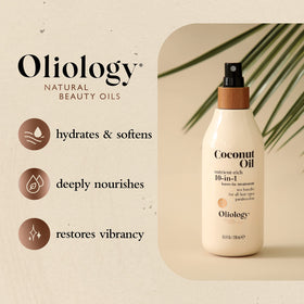Oliology coconut oil spray being applied to hair in hand for easy detangling