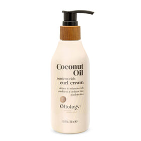 oliology curl cream on bathroom shelf lifestyle image conveys daily routine and botanical ingredients