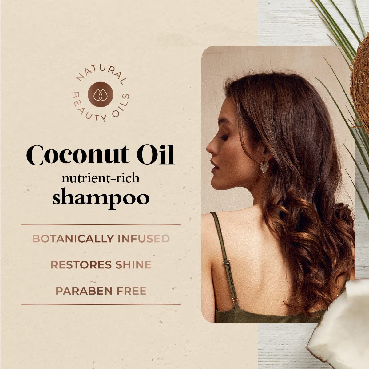 Oliology coconut and botanicals flatlay showing natural nourishing ingredients