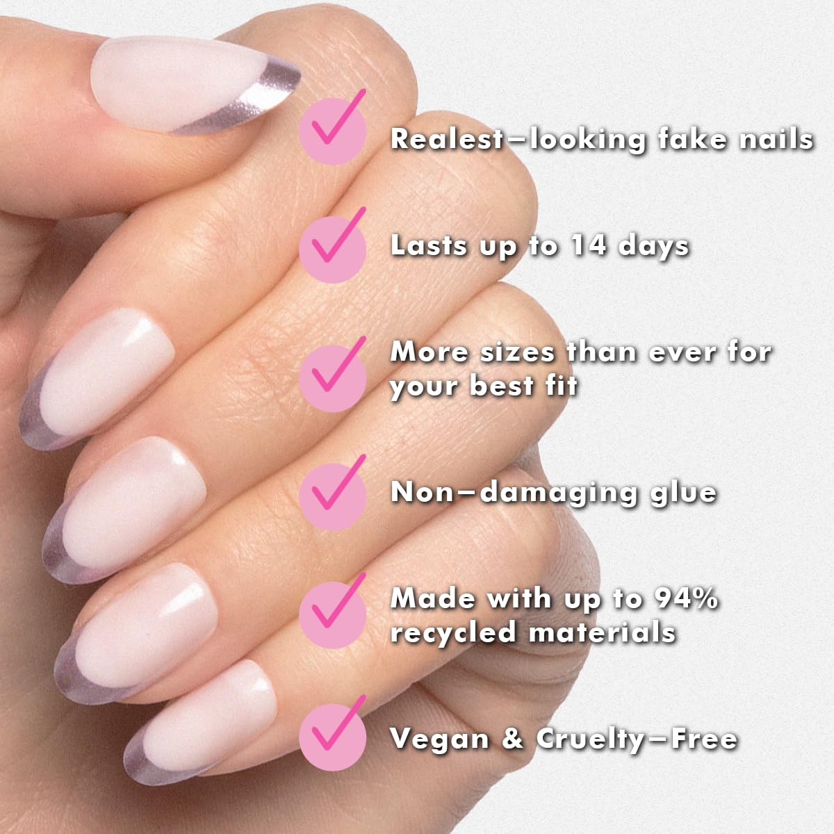 Olive & June application demo holding a press-on nail for easy use
