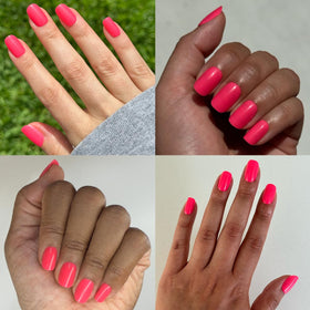 Olive & June hand applying press-on nail showing quick 30-second adhesion benefit