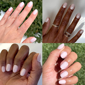 Olive & June hand applying press-on nail demonstrating fast secure bond and neat finish