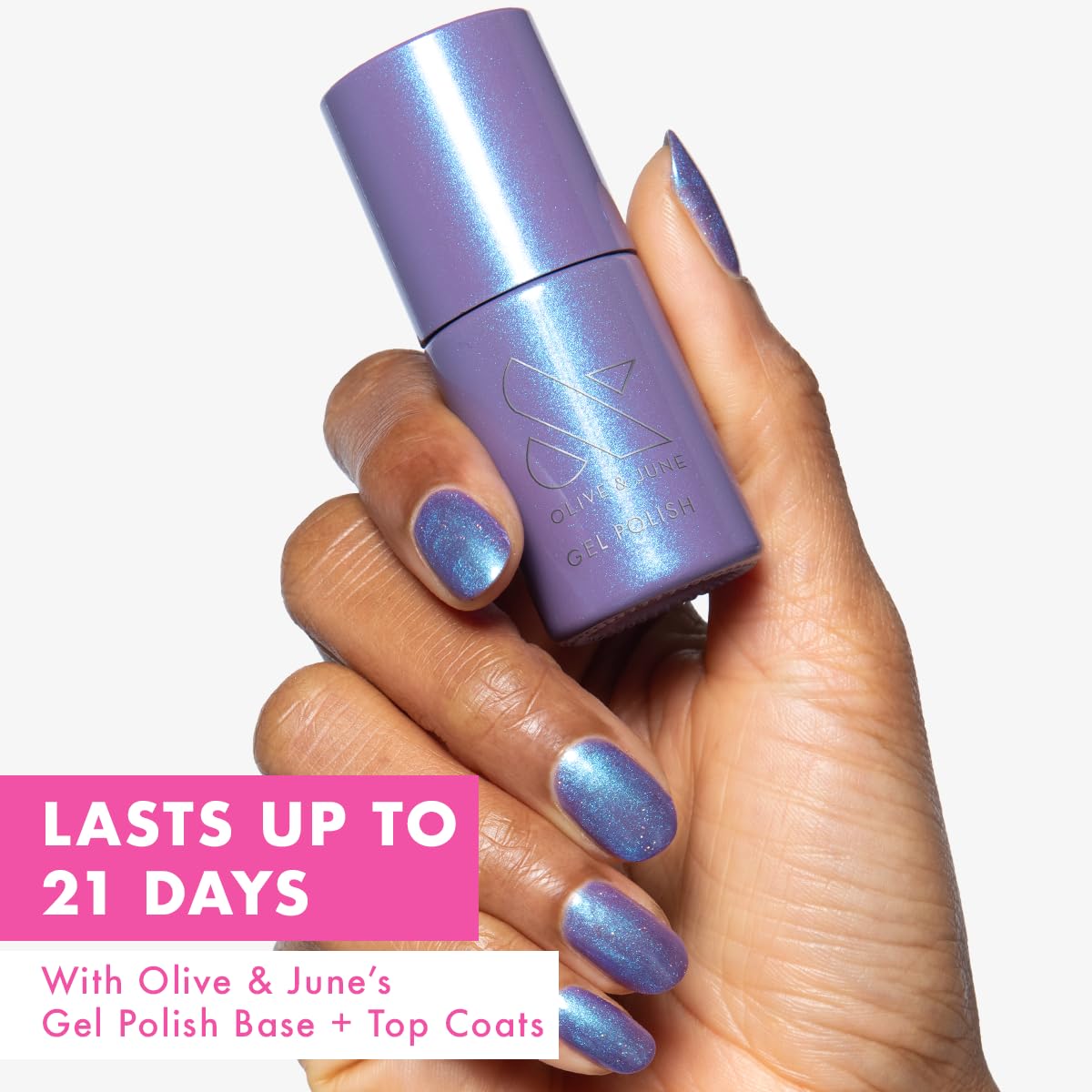 Olive & June bottle cap and label close-up highlighting shade name and clean formulation benefit: easy identification