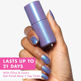 Olive & June bottle cap and label close-up highlighting shade name and clean formulation benefit: easy identification