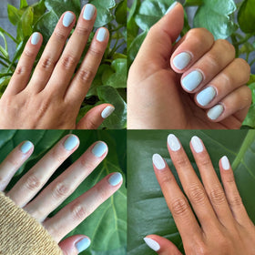 Cured manicure in BP Icy Blue by Olive & June showing salon shine benefit