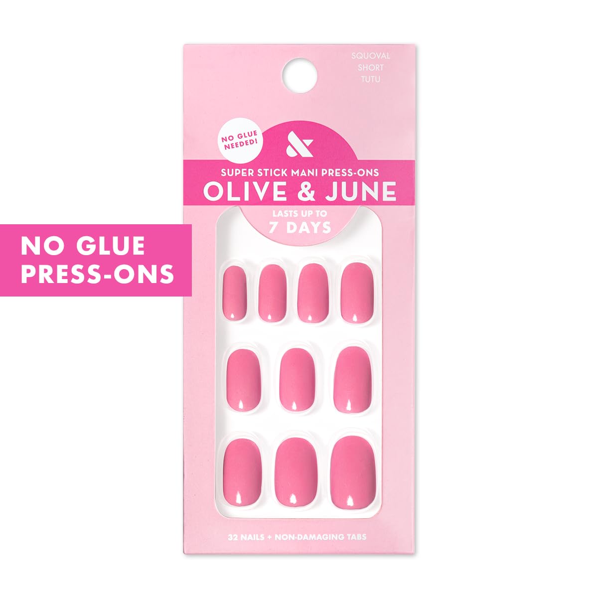 Olive & June close-up of taffy bright pink press-on nail showing glossy finish